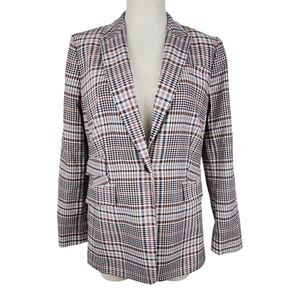 Talbots Womens Long Plaid Blazer Jacket Size 6 Cream Maroon Blue
